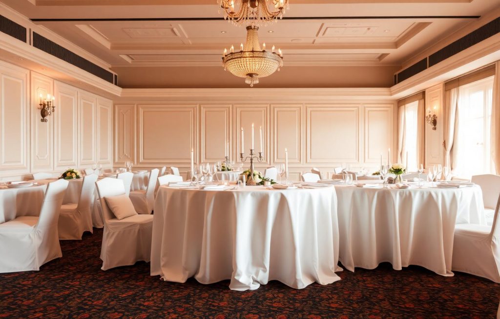 Ballroom banquet table set with white linen, chargers, and floral centerpiece