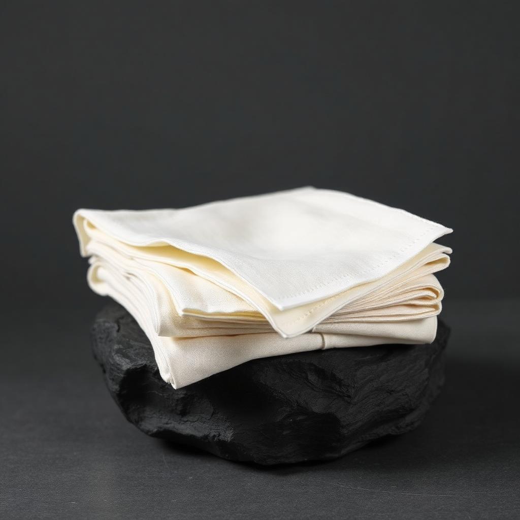 Folded stack of ivory damask linen napkins