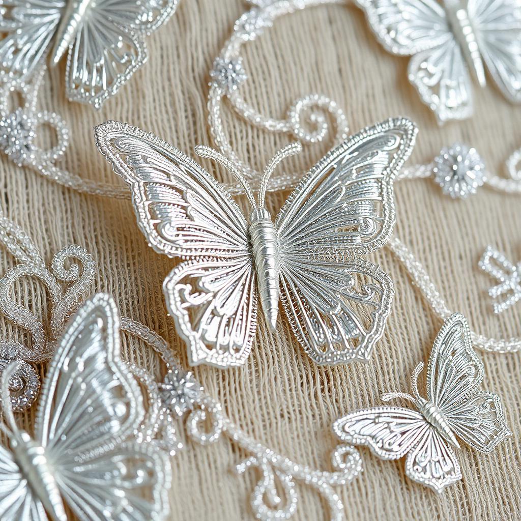 Close-up of platinum embroidered butterfly appliqué fabric