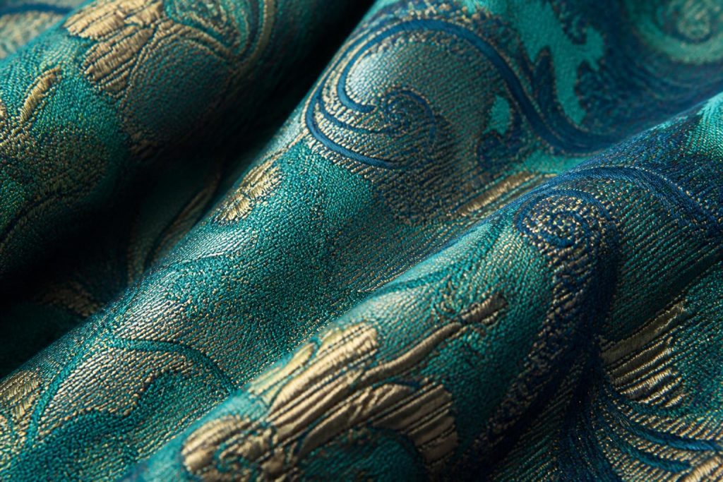 Close-up of peacock-blue and gold jacquard fabric
