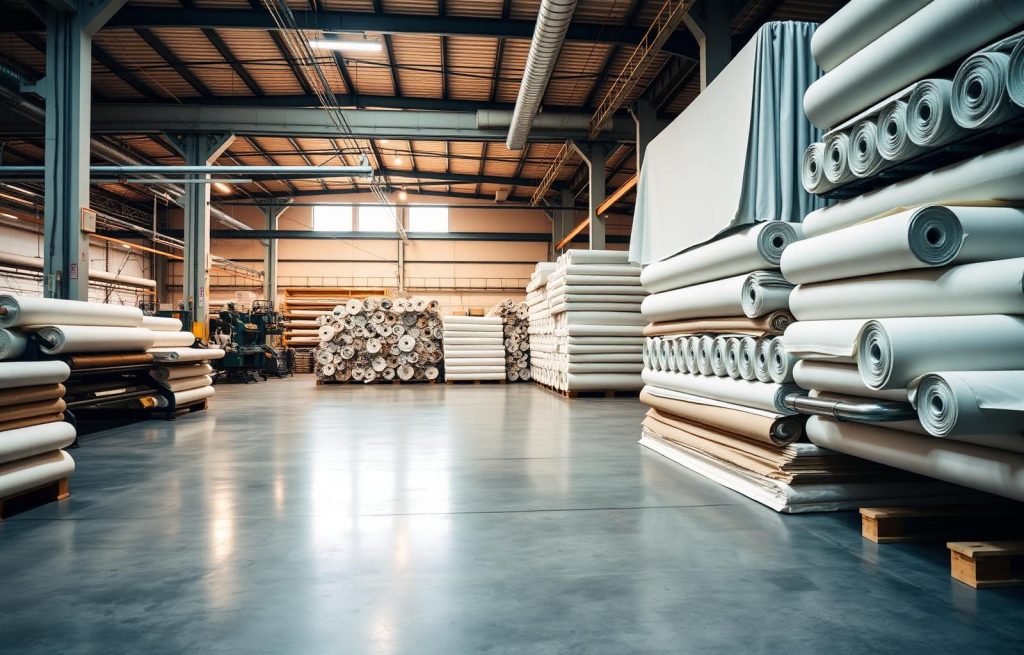 Manufacturing plant floor with rolled linen stock